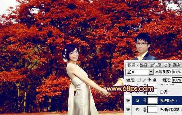 Photosho将树林情侣图片调成灿烂的橙红