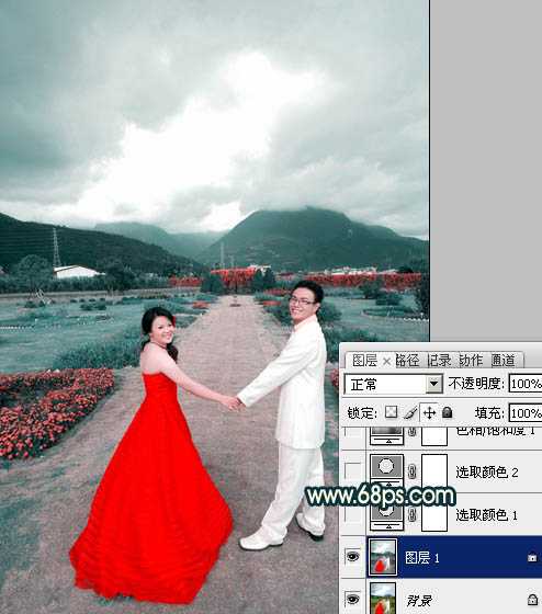 Photoshop为外景婚片打造出古典青绿色效果