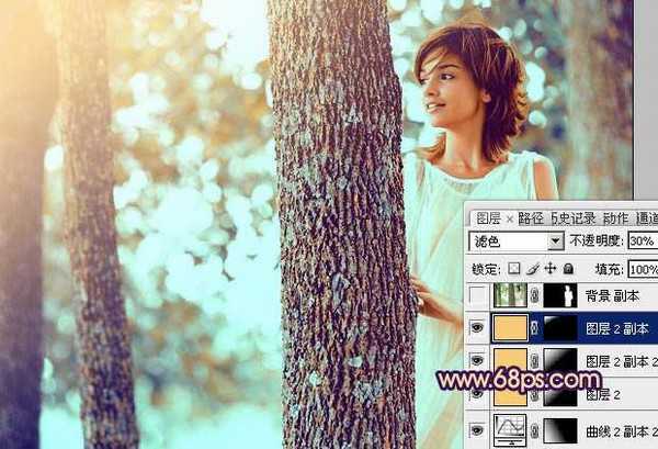 Photoshop为树林人物图片调制出灿烂的青黄阳光色效果