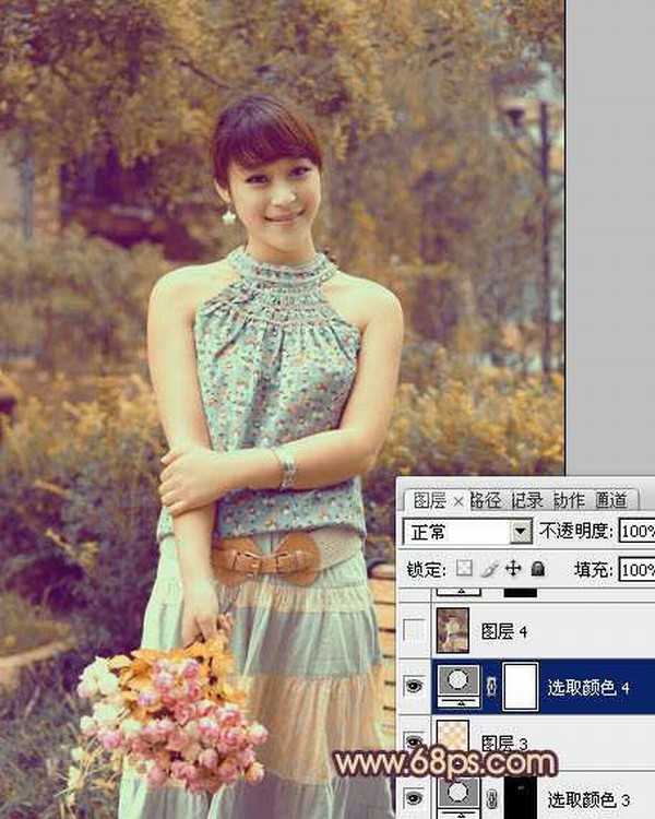 Photoshop为公园美女图片增加柔和的古典橙黄色效果