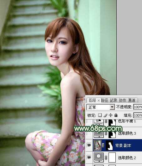 Photoshop将楼梯边美女图片调制出甜美的青绿色效果