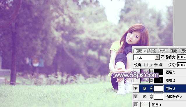 Photoshop将树林旁边草地上的美女图片增加柔和的绿紫色