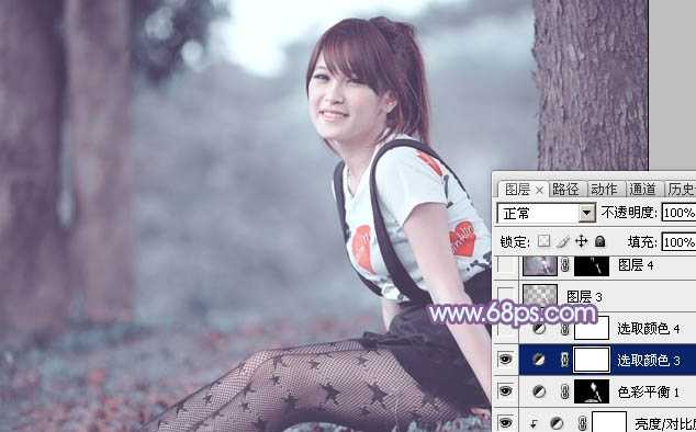 photoshop利用通道替换为树林美女增加柔美的淡调蓝紫色