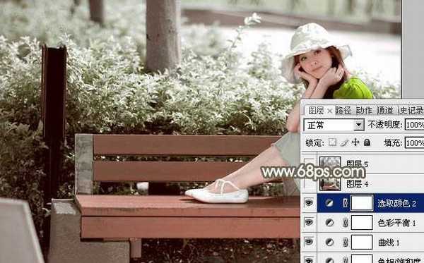 Photoshop为公园中的美女调制出怀旧的褐绿色