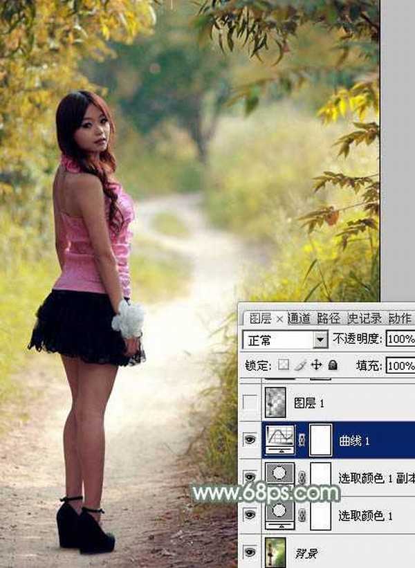 Photoshop为树林中的红衣美女加上漂亮的秋季色