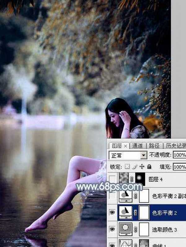 Photoshop将水景人物图片打造出柔和的古典青蓝色特效